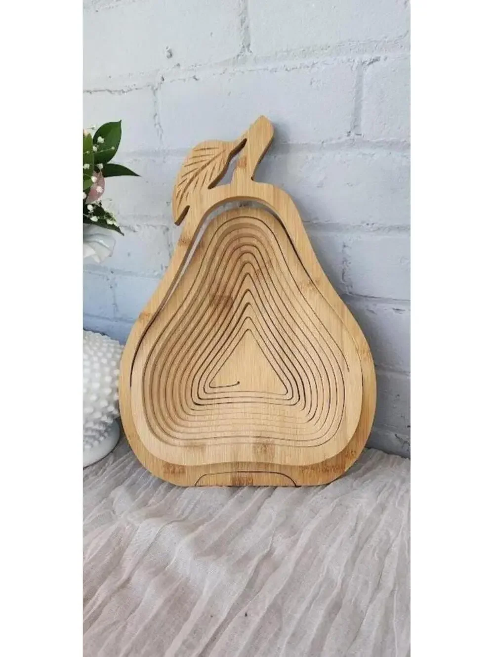 Pear Shaped Collapsible Wooden Basket Bowl Bamboo Farmhouse Decor